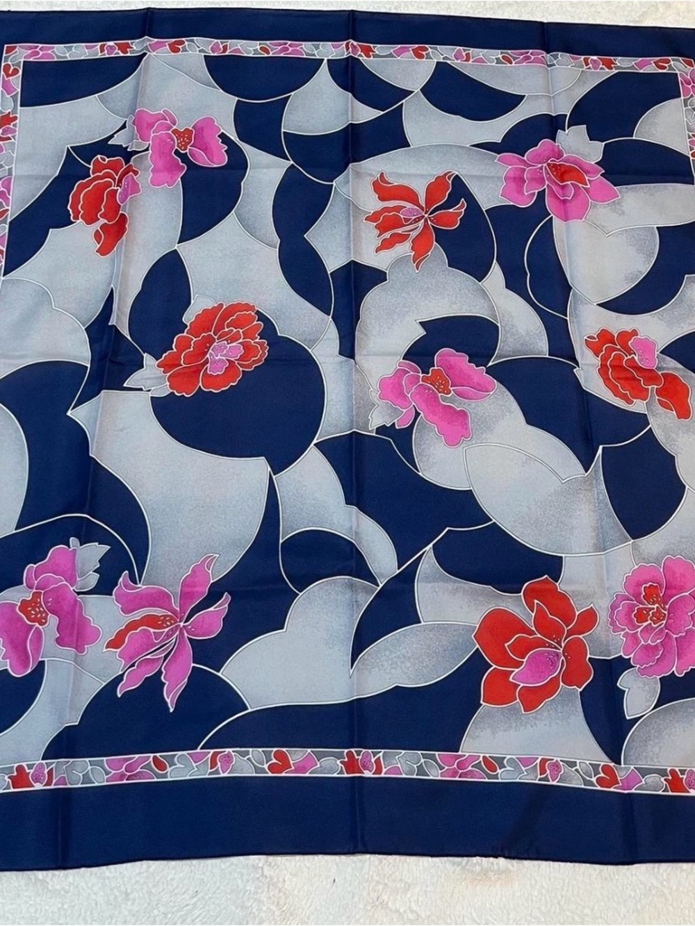 Vintage Polyester Scarf in Navy, Gray & Pink 34”x34”
